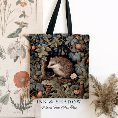 Woodland Hedgehog Tapestry Tote | Forestcore Bag William Morris Inspired Tote Bag Aesthetic Mystical Tapestry Bag Woven Victorian Gothic Bag