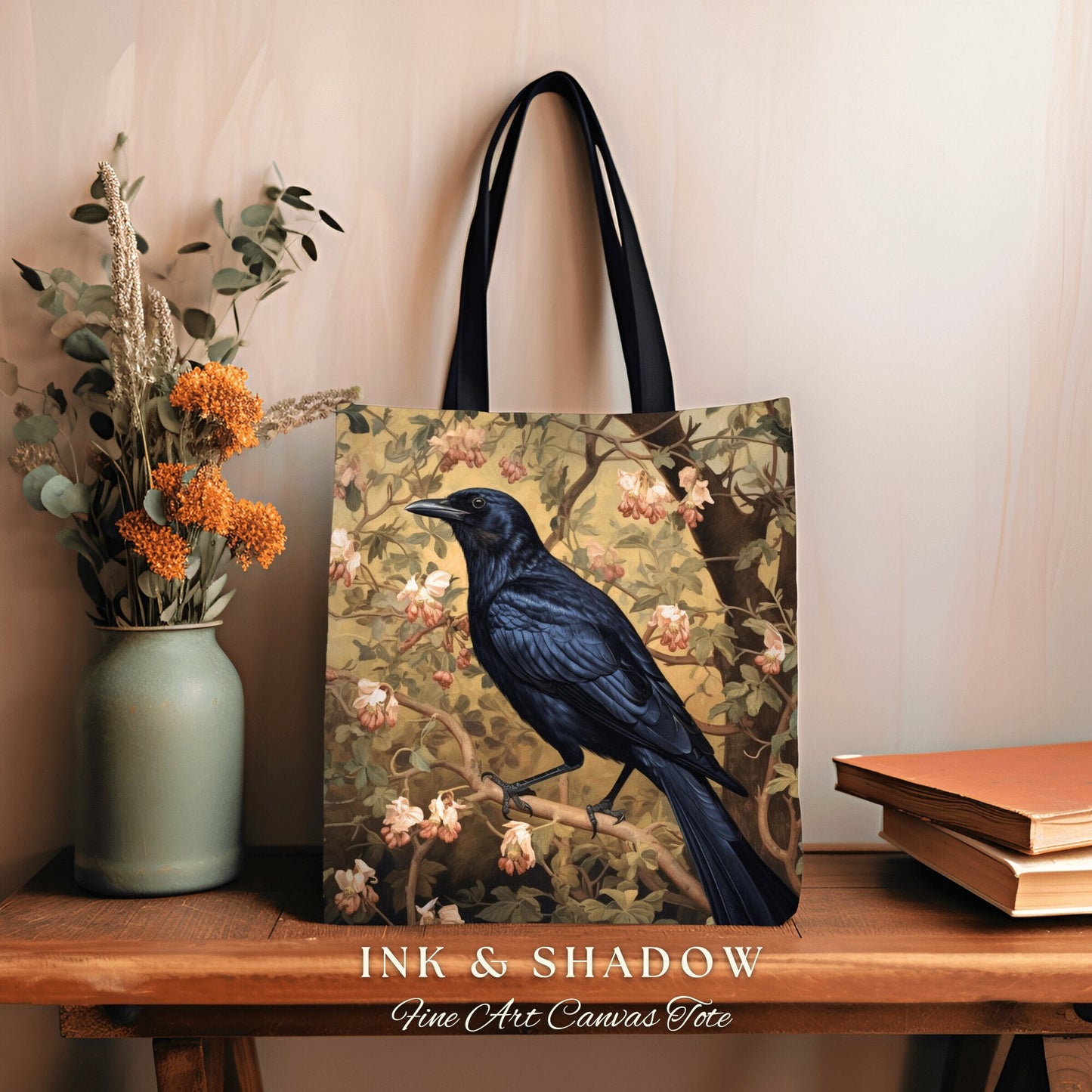 Mystic Raven Tote Bag Botanical | Gothic Tote William Morris Inspired Raven Tote Bag Crow Core Satchel Maximalist Tapestry Bag Fairycore |