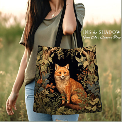 Fox Woodland Gothic Tote | Dark Academia William Morris Inspired Shoulderbag Aesthetic Medieval Woven Tapestry Bag Botanical Forest Spirit