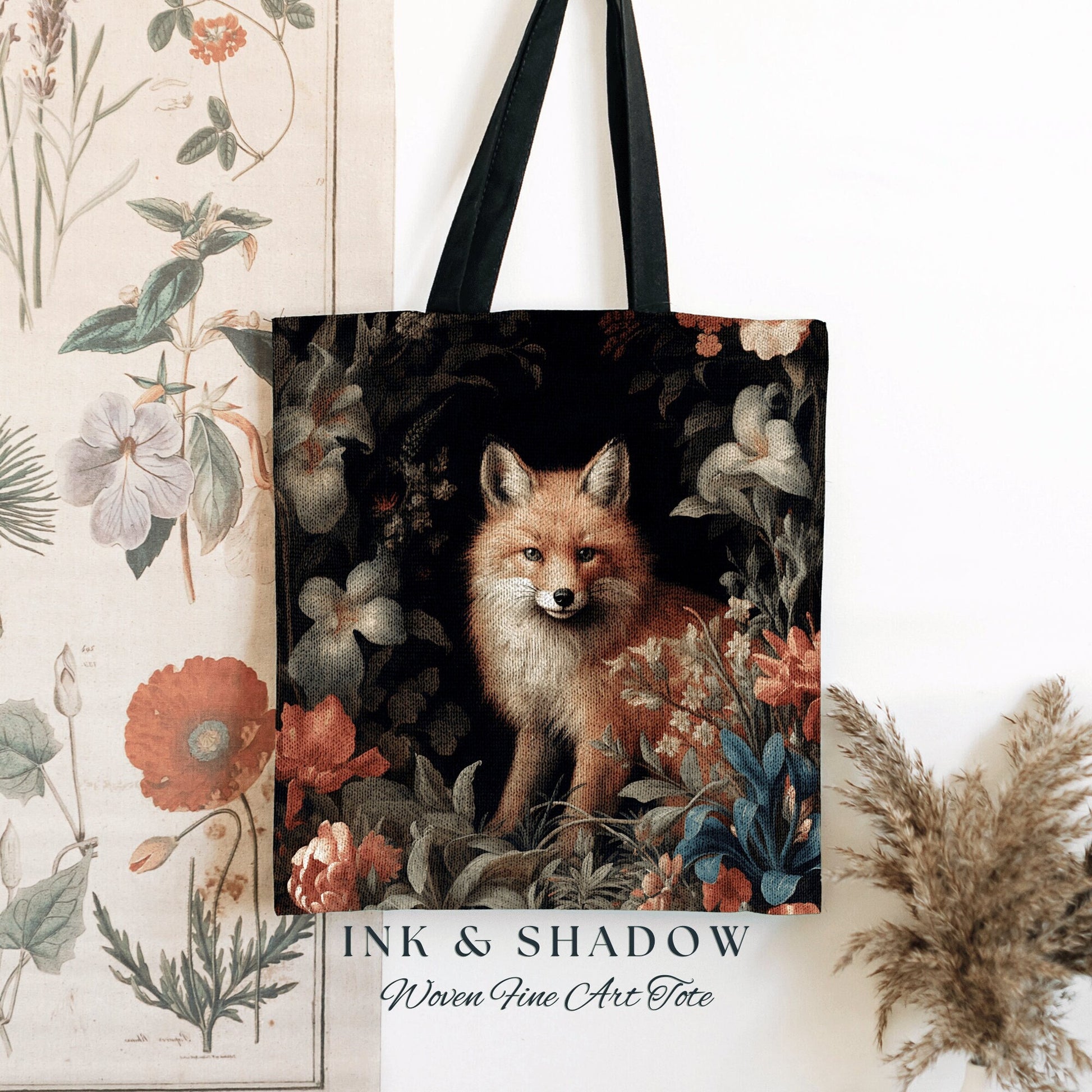 Floral Aesthetic Victorian Fox Tote | Dark Academia William Morris Inspired Tote Bag Aesthetic Medieval Woven Tapestry Bag Botanical Fox Art