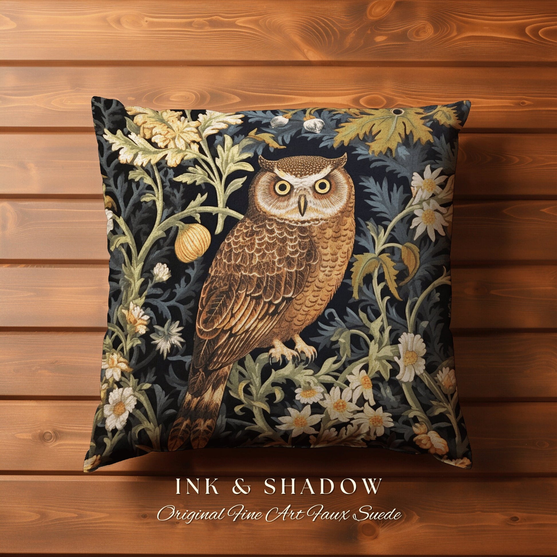 Dark Botanical Owl Pillow Woven | Whimsical William Morris Inspired Throw Pillow Aesthetic Goth Woven Pillow Victorian Fairy Core Owl Decor