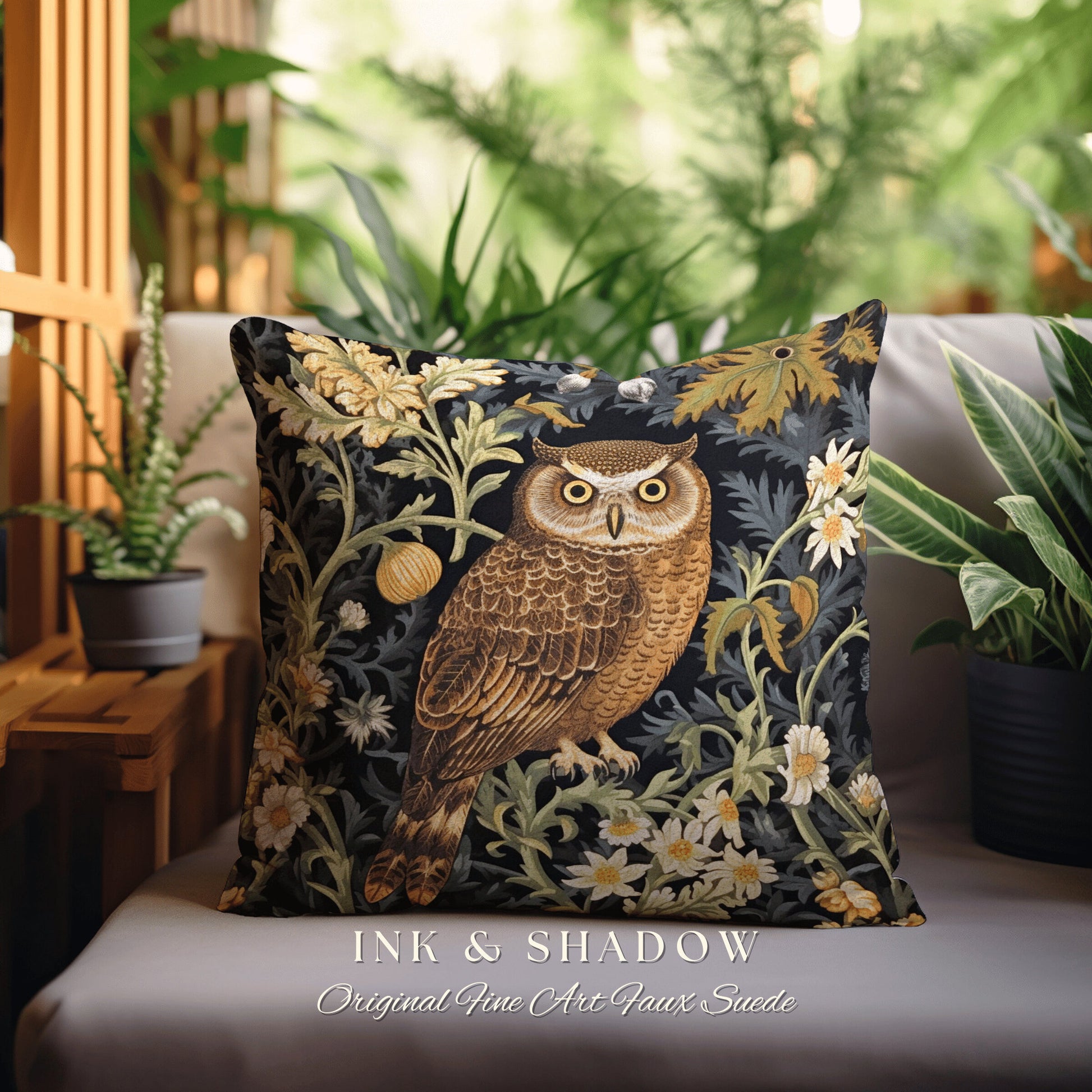 Dark Botanical Owl Pillow Woven | Whimsical William Morris Inspired Throw Pillow Aesthetic Goth Woven Pillow Victorian Fairy Core Owl Decor