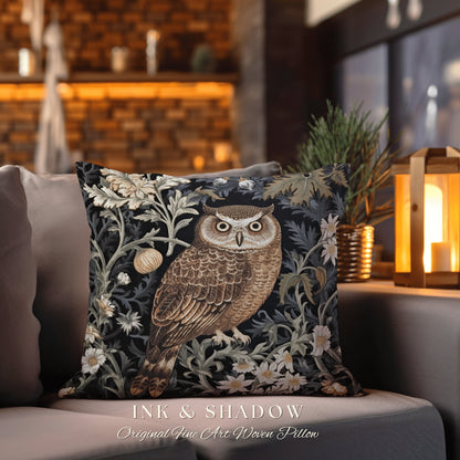 Dark Botanical Owl Pillow Woven | Whimsical William Morris Inspired Throw Pillow Aesthetic Goth Woven Pillow Victorian Fairy Core Owl Decor