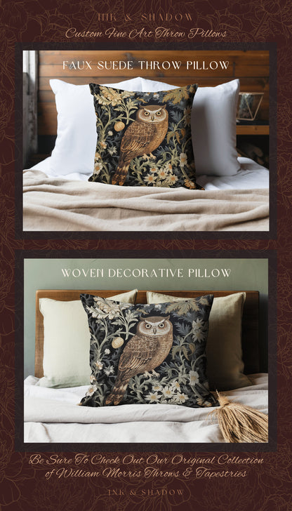 Dark Botanical Owl Pillow Woven | Whimsical William Morris Inspired Throw Pillow Aesthetic Goth Woven Pillow Victorian Fairy Core Owl Decor