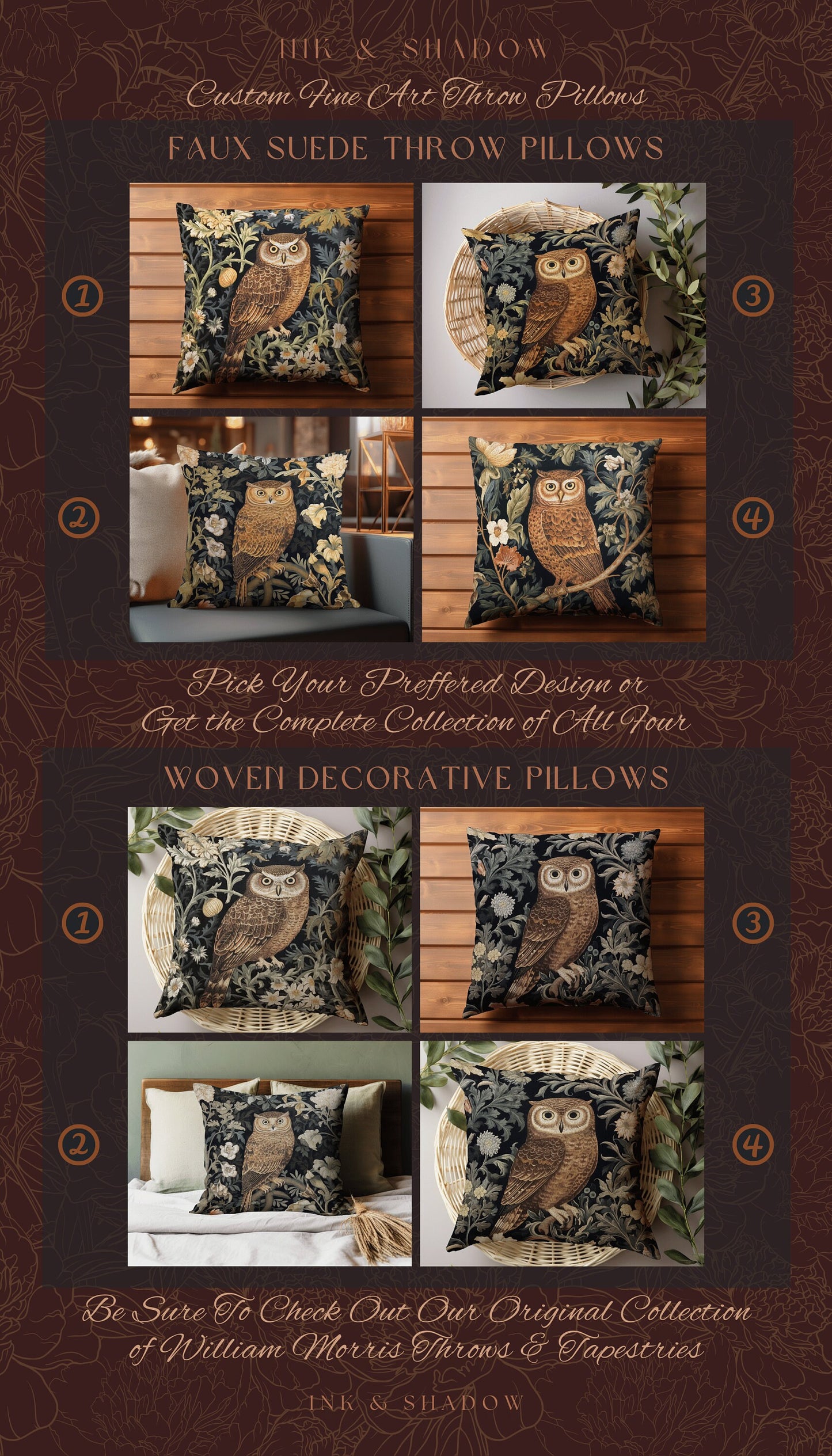 Dark Botanical Owl Pillow Woven | Whimsical William Morris Inspired Throw Pillow Aesthetic Goth Woven Pillow Victorian Fairy Core Owl Decor