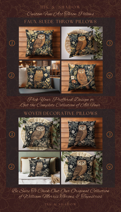 Dark Botanical Owl Pillow Woven | Whimsical William Morris Inspired Throw Pillow Aesthetic Goth Woven Pillow Victorian Fairy Core Owl Decor