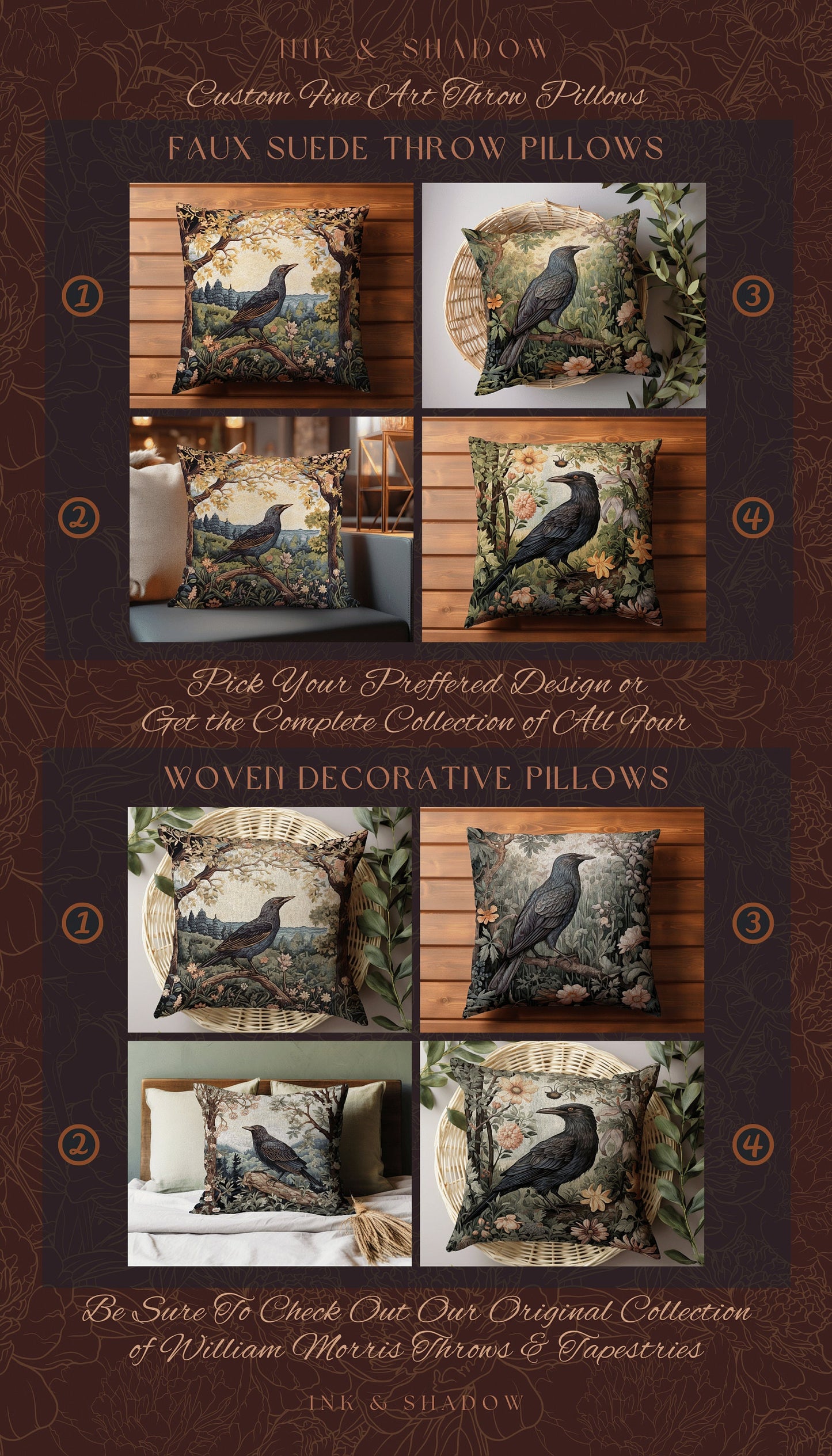 Crow Woven Pillow Whimsical | Gothic Pillow William Morris Inspired Raven Decor Crow Core Pillow Maximalist Rustic Pillow Dark Woodland Gift