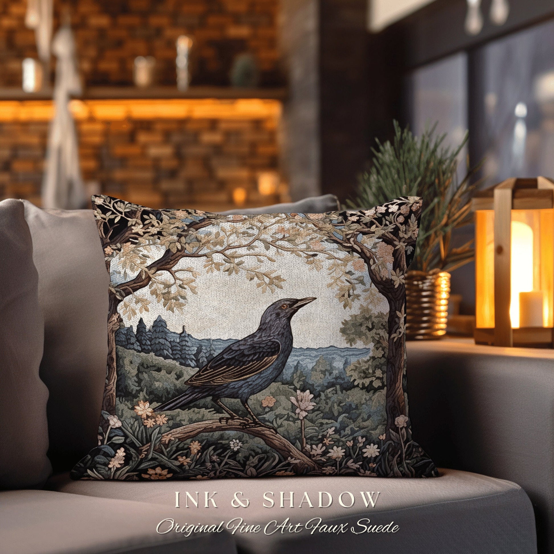 Crow Woven Pillow Whimsical | Gothic Pillow William Morris Inspired Raven Decor Crow Core Pillow Maximalist Rustic Pillow Dark Woodland Gift