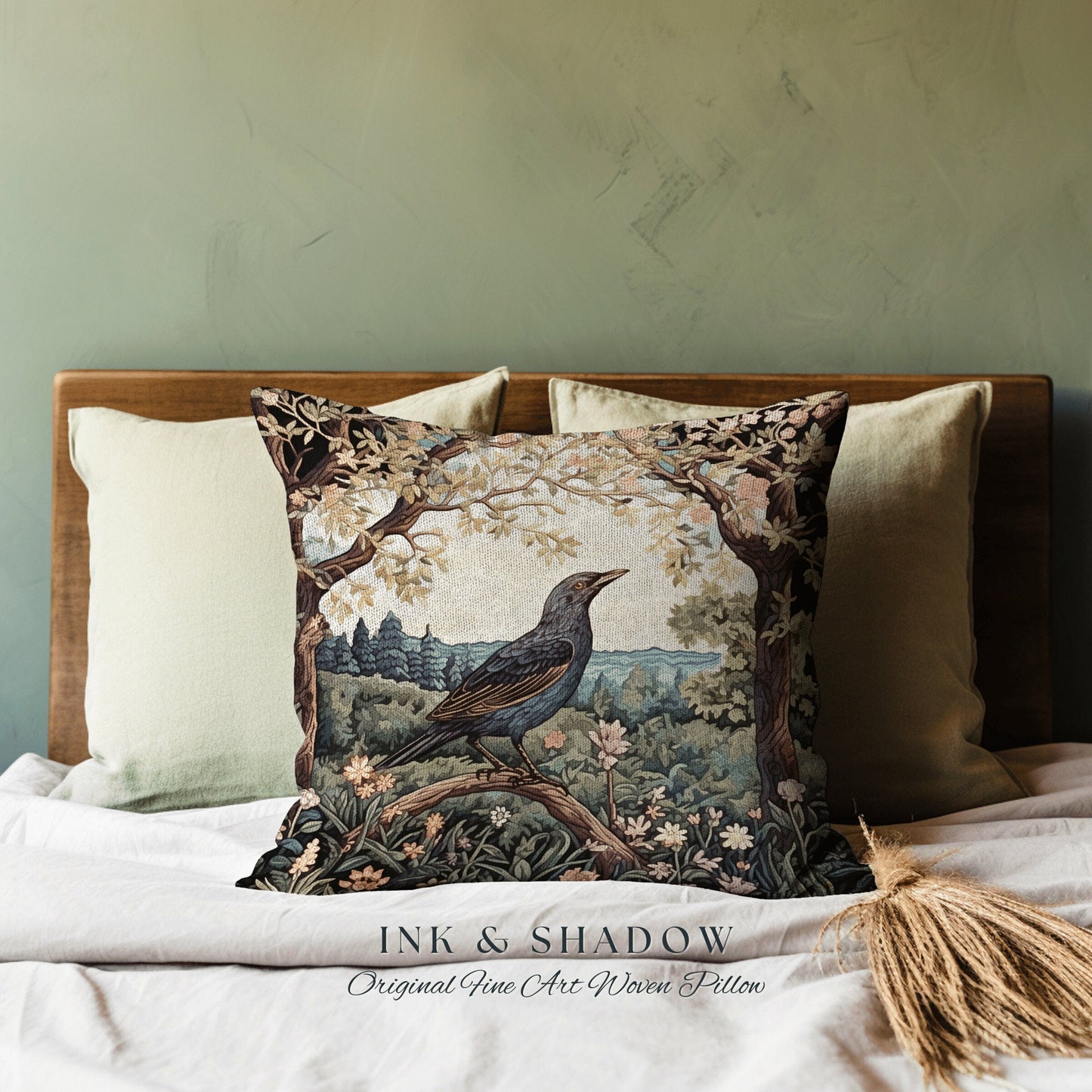 Crow Woven Pillow Whimsical | Gothic Pillow William Morris Inspired Raven Decor Crow Core Pillow Maximalist Rustic Pillow Dark Woodland Gift