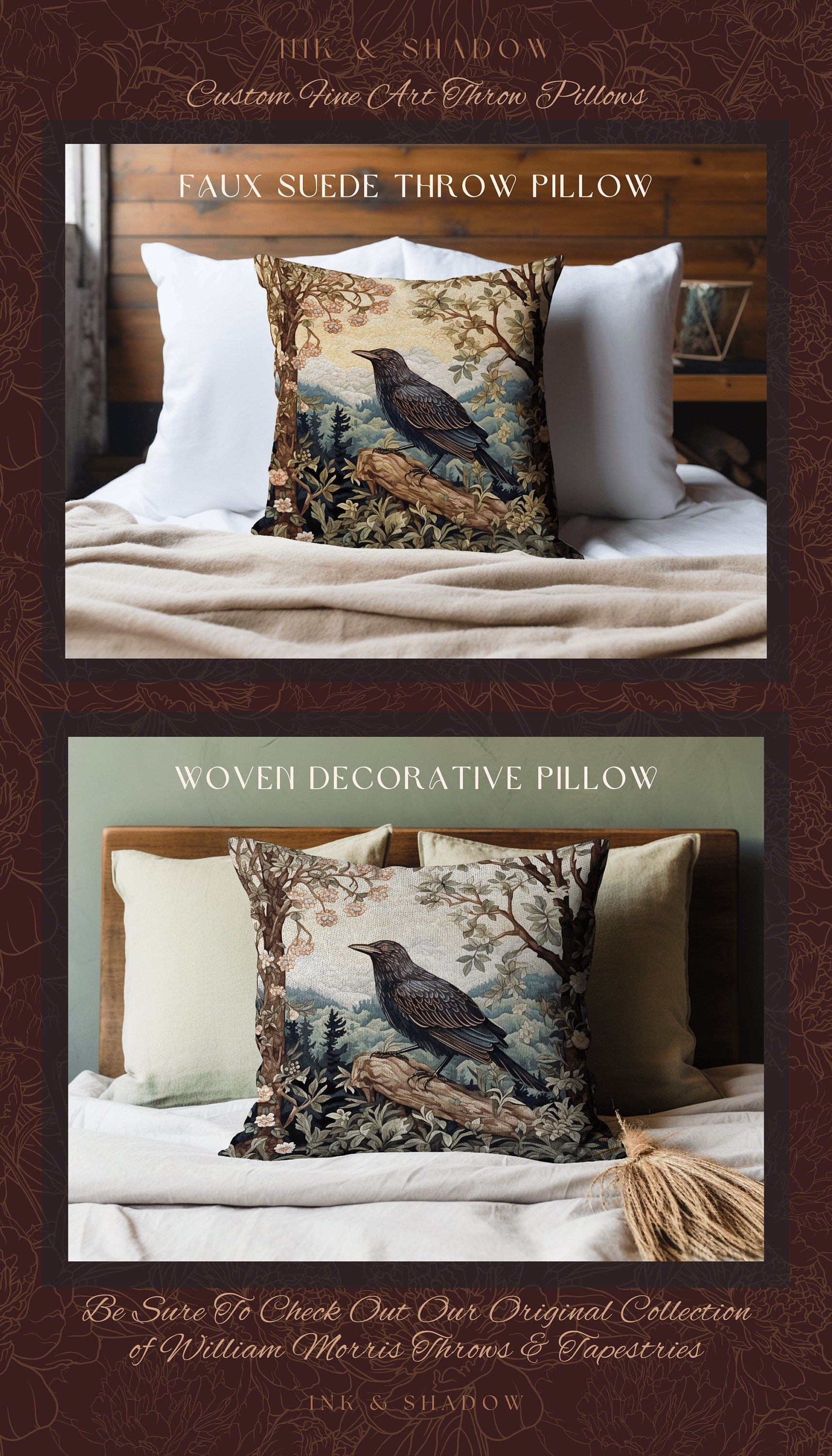 Crow Woven Pillow Whimsical | Gothic Pillow William Morris Inspired Raven Decor Crow Core Pillow Maximalist Rustic Pillow Dark Woodland Gift