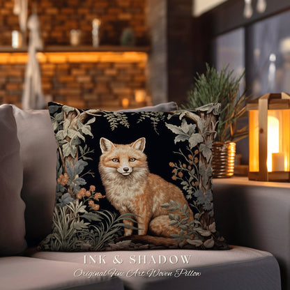 Morris Fox Woven Throw Pillow | Dark Academia William Morris Inspired Pillow Aesthetic Medieval Woven Pillow Victorian Gothic Fox Home Decor