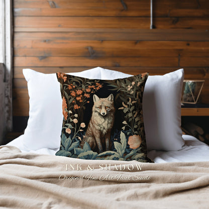 Fox Throw Pillow Dark Botanical | Dark Academia William Morris Inspired Pillow Aesthetic Medieval Woven Pillow Victorian Gothic Fox Decor |