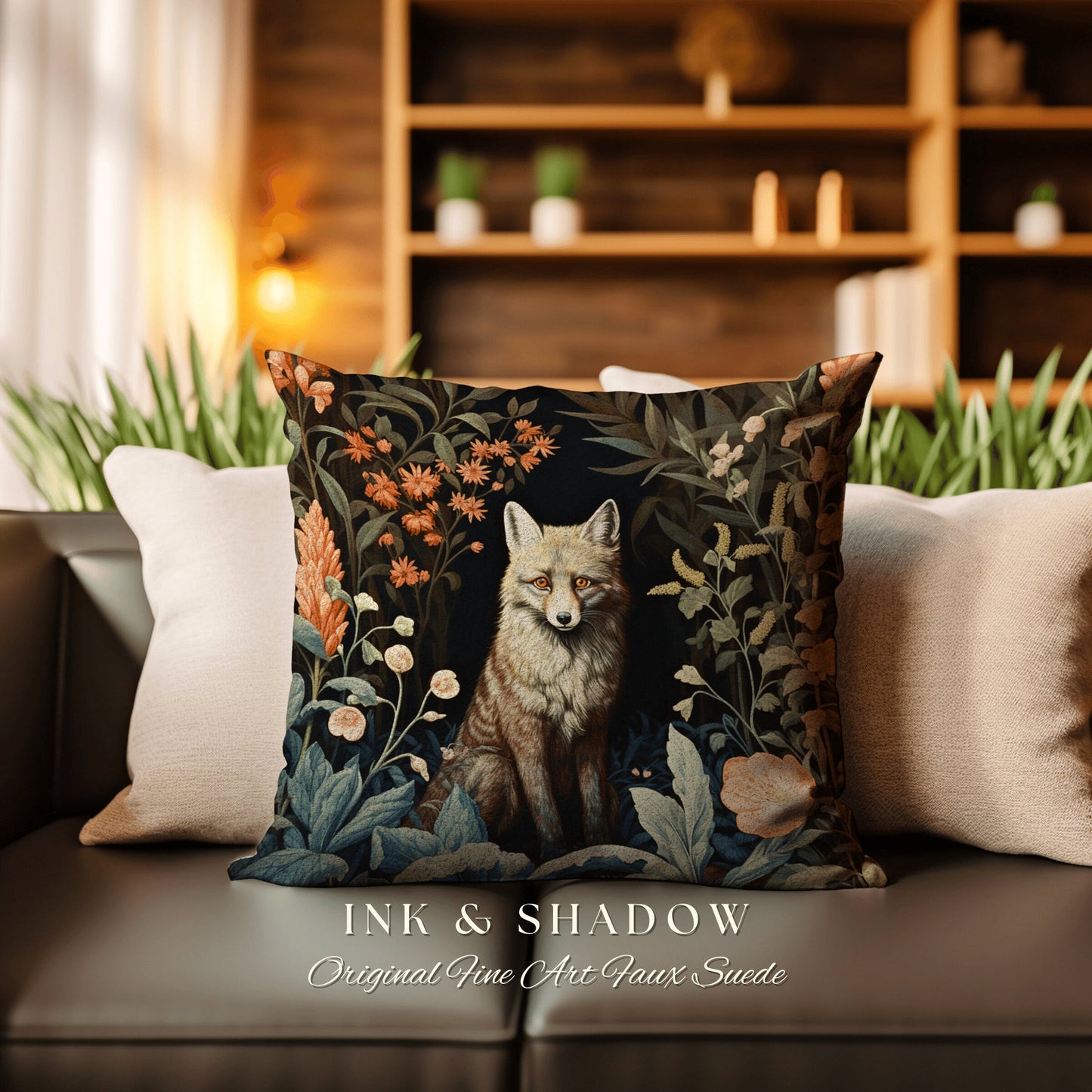 Fox Throw Pillow Dark Botanical | Dark Academia William Morris Inspired Pillow Aesthetic Medieval Woven Pillow Victorian Gothic Fox Decor |