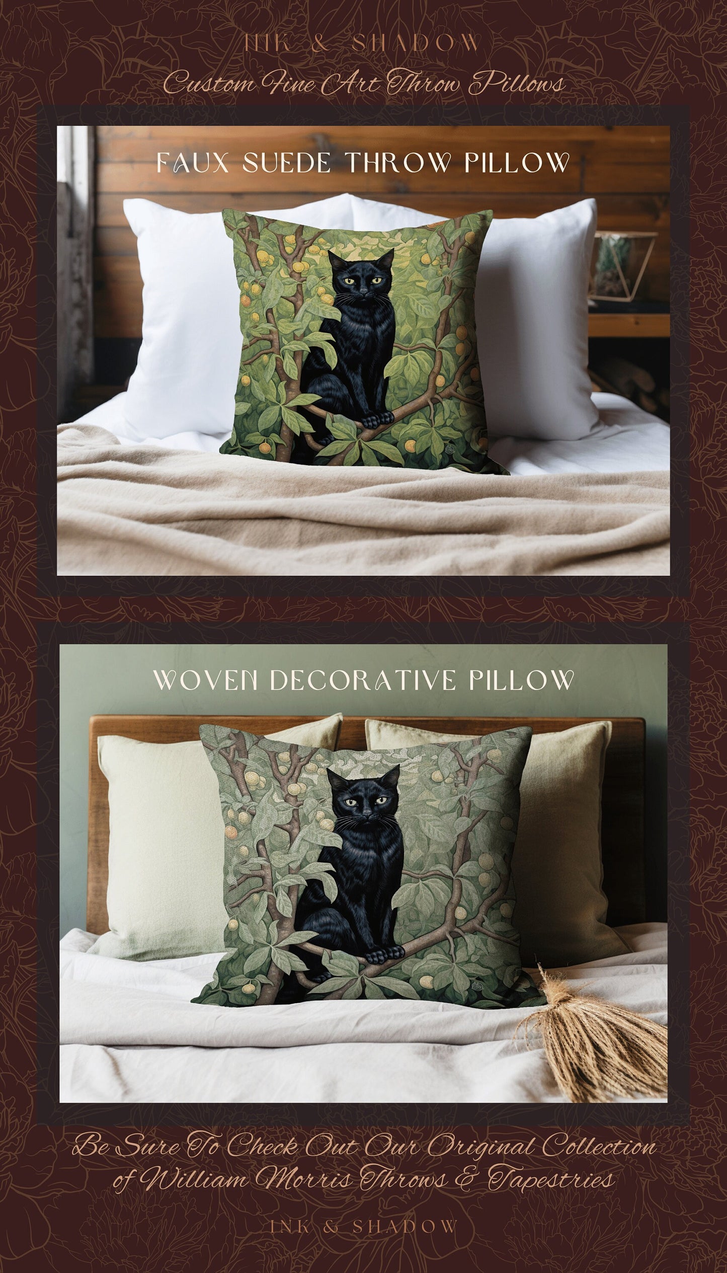 Back Cat Woven Pillow Gothic | Dark Academia William Morris Inspired Decor Dark Academia Cat Person Gift Tapestry Bag Woven Victorian Cat |