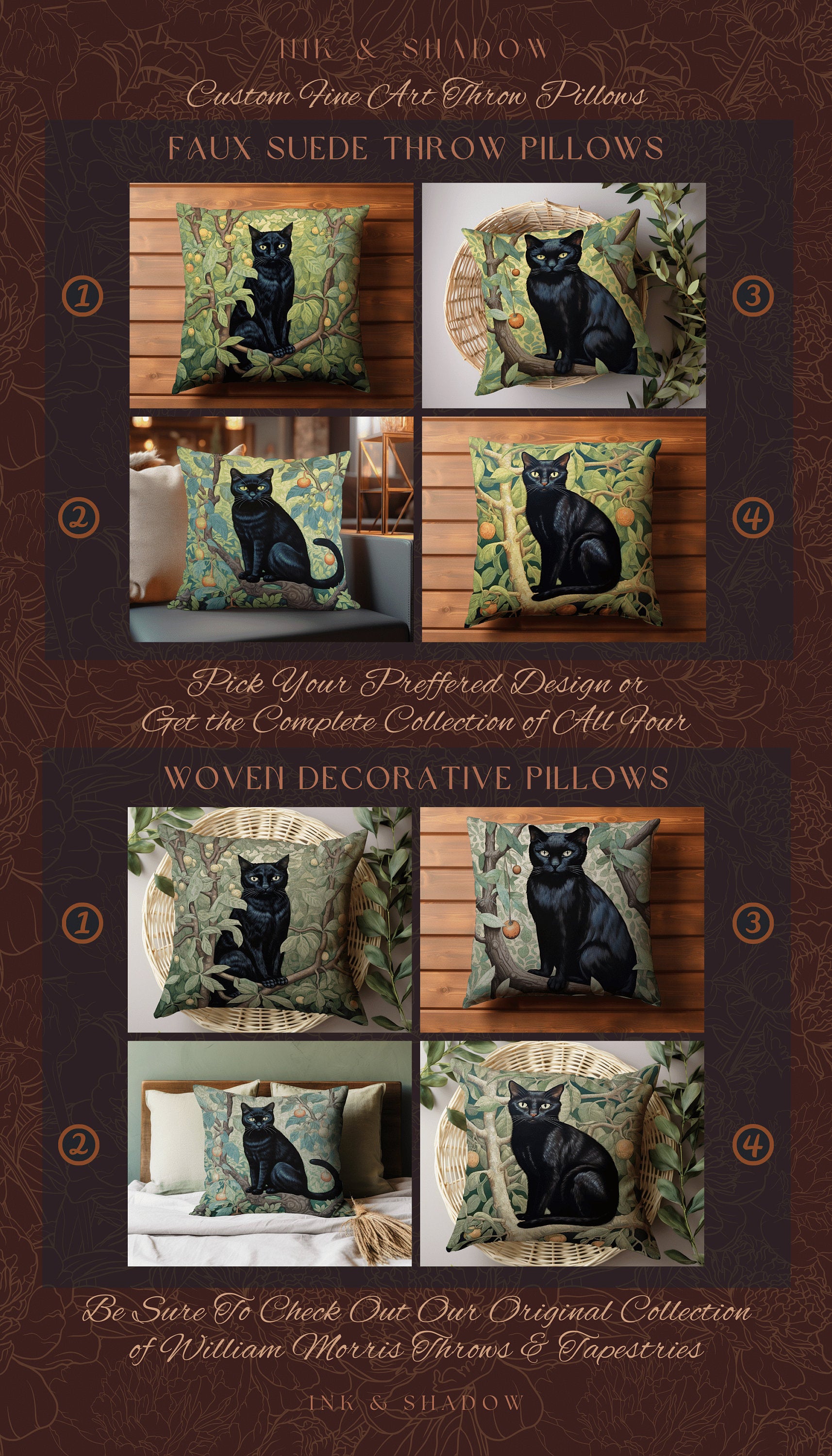 Back Cat Woven Pillow Gothic | Dark Academia William Morris Inspired Decor Dark Academia Cat Person Gift Tapestry Bag Woven Victorian Cat |