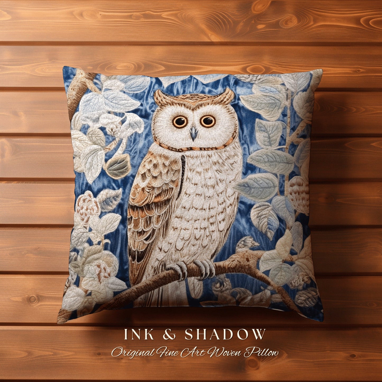 Pastel Blue Owl Woven Pillow | Whimsical William Morris Inspired Boho Aesthetic Botanical Spring Decorating Pillow Woven Victorian Owl Decor