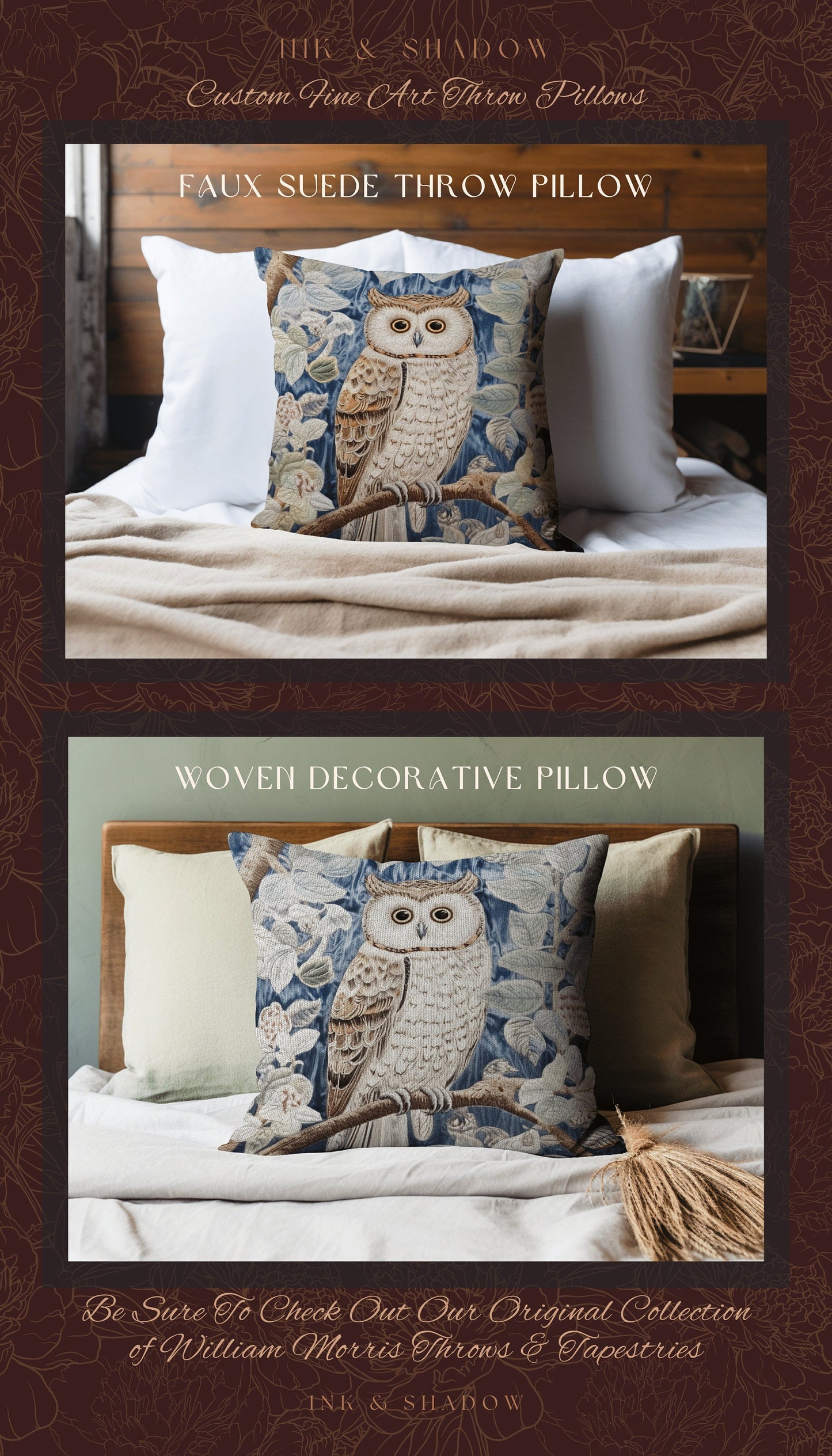 Pastel Blue Owl Woven Pillow | Whimsical William Morris Inspired Boho Aesthetic Botanical Spring Decorating Pillow Woven Victorian Owl Decor