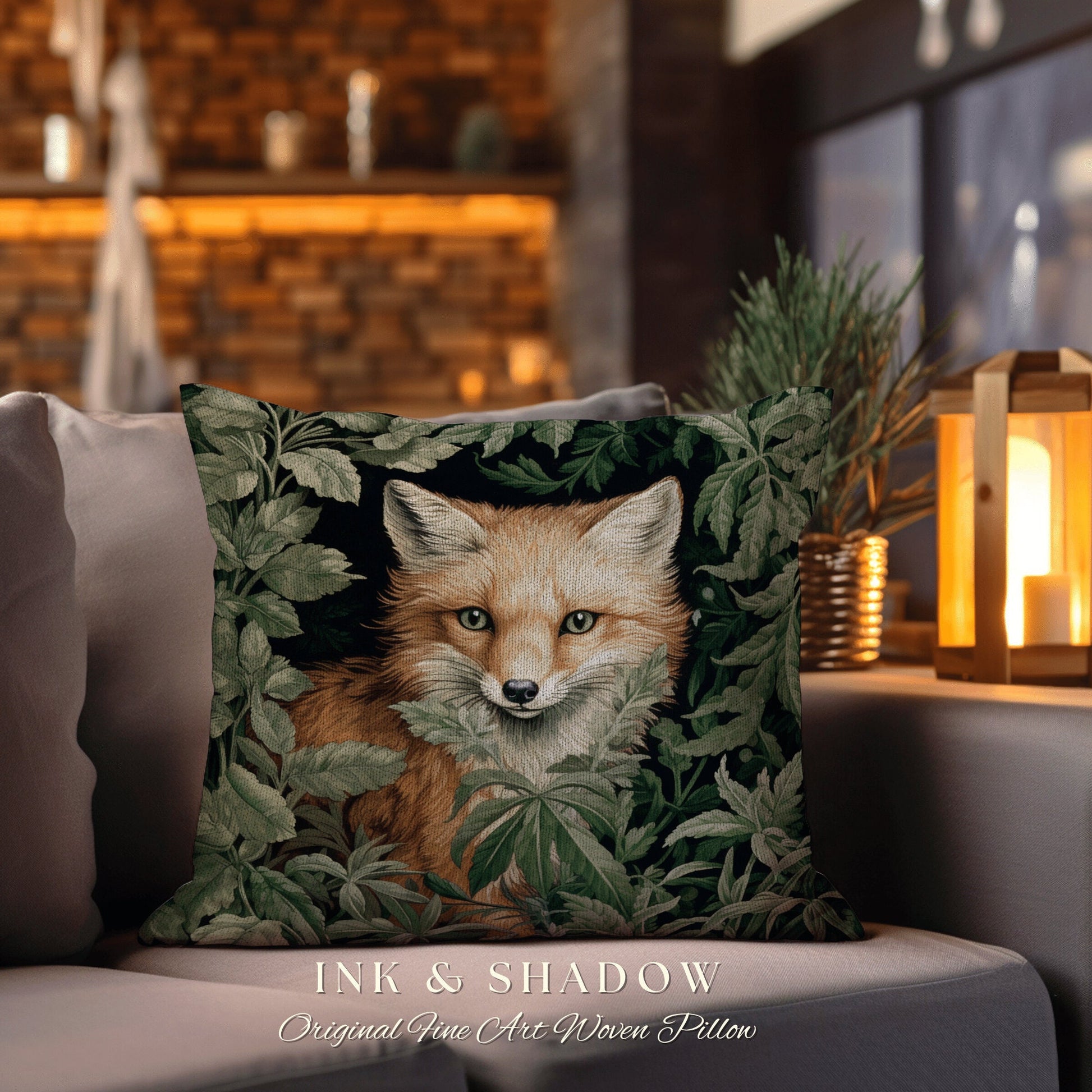 Gothic Fox Pillow Woven Botanical | Dark Academia William Morris Inspired Pillow Aesthetic Medieval Woven Pillow Victorian Gothic Fox Decor