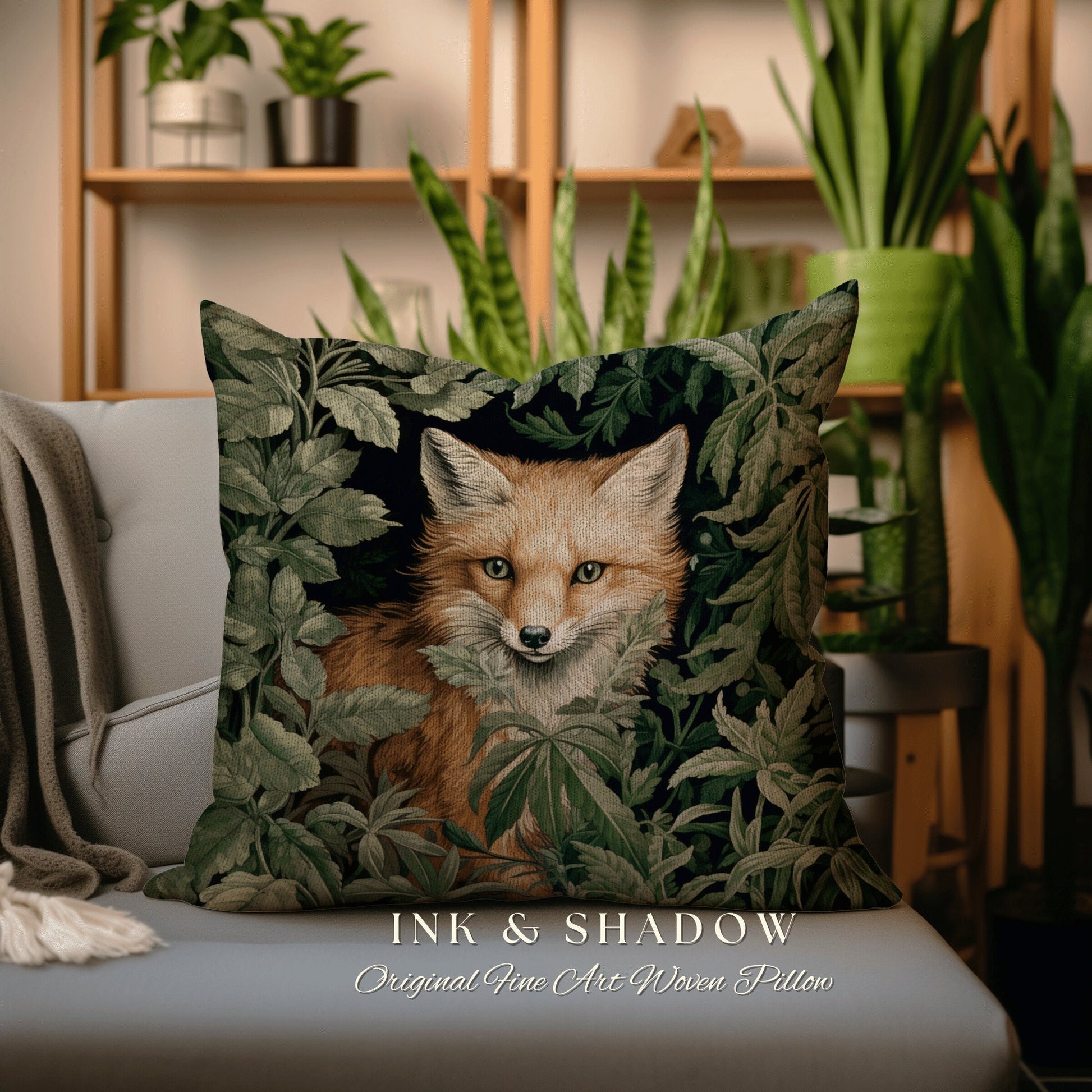 Gothic Fox Pillow Woven Botanical | Dark Academia William Morris Inspired Pillow Aesthetic Medieval Woven Pillow Victorian Gothic Fox Decor