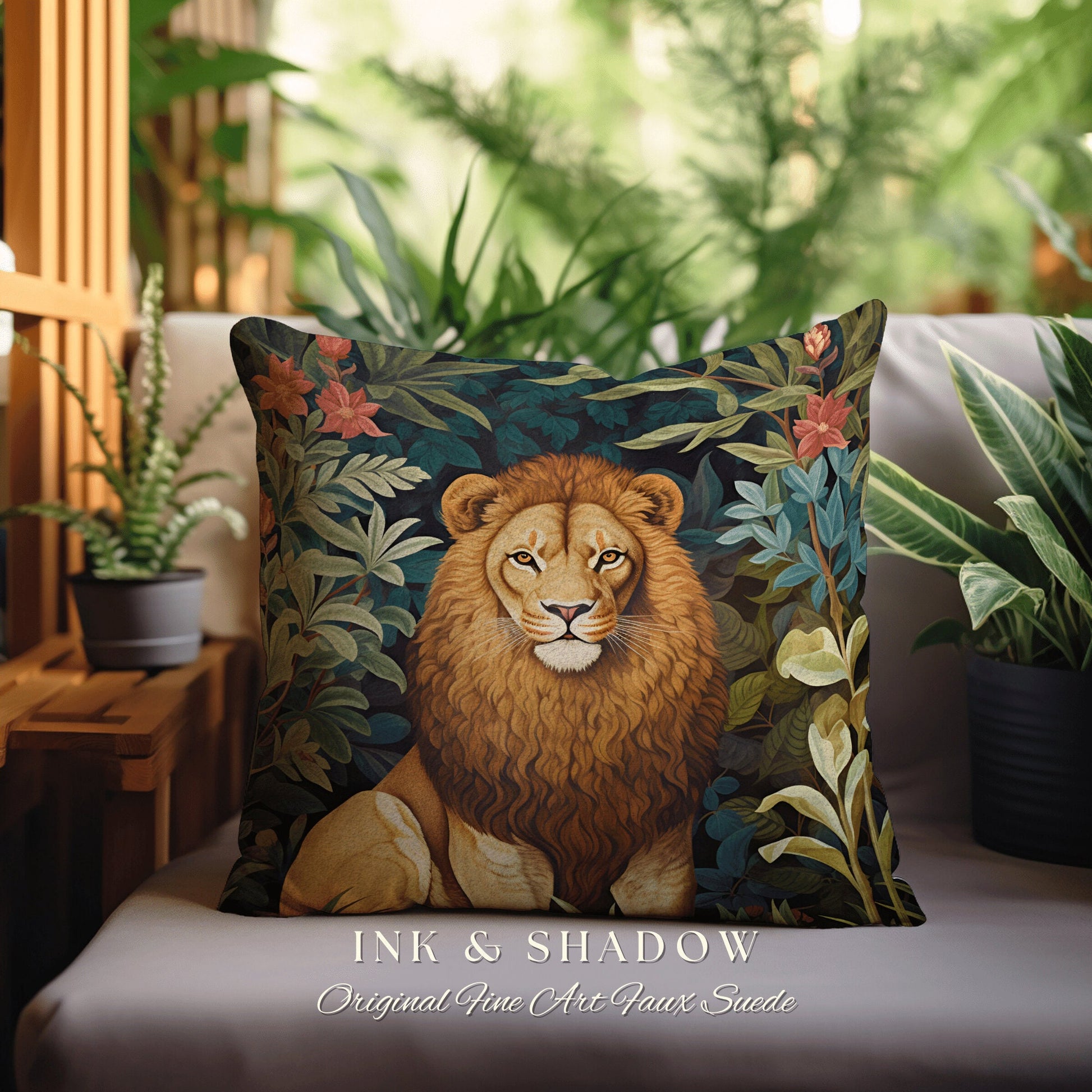 Lion Pillow Dark Botanical Decor | Jungle Aesthetic William Morris Inspired Lion Pillow Aesthetic Medieval Woven Pillow Victorian Gothic |