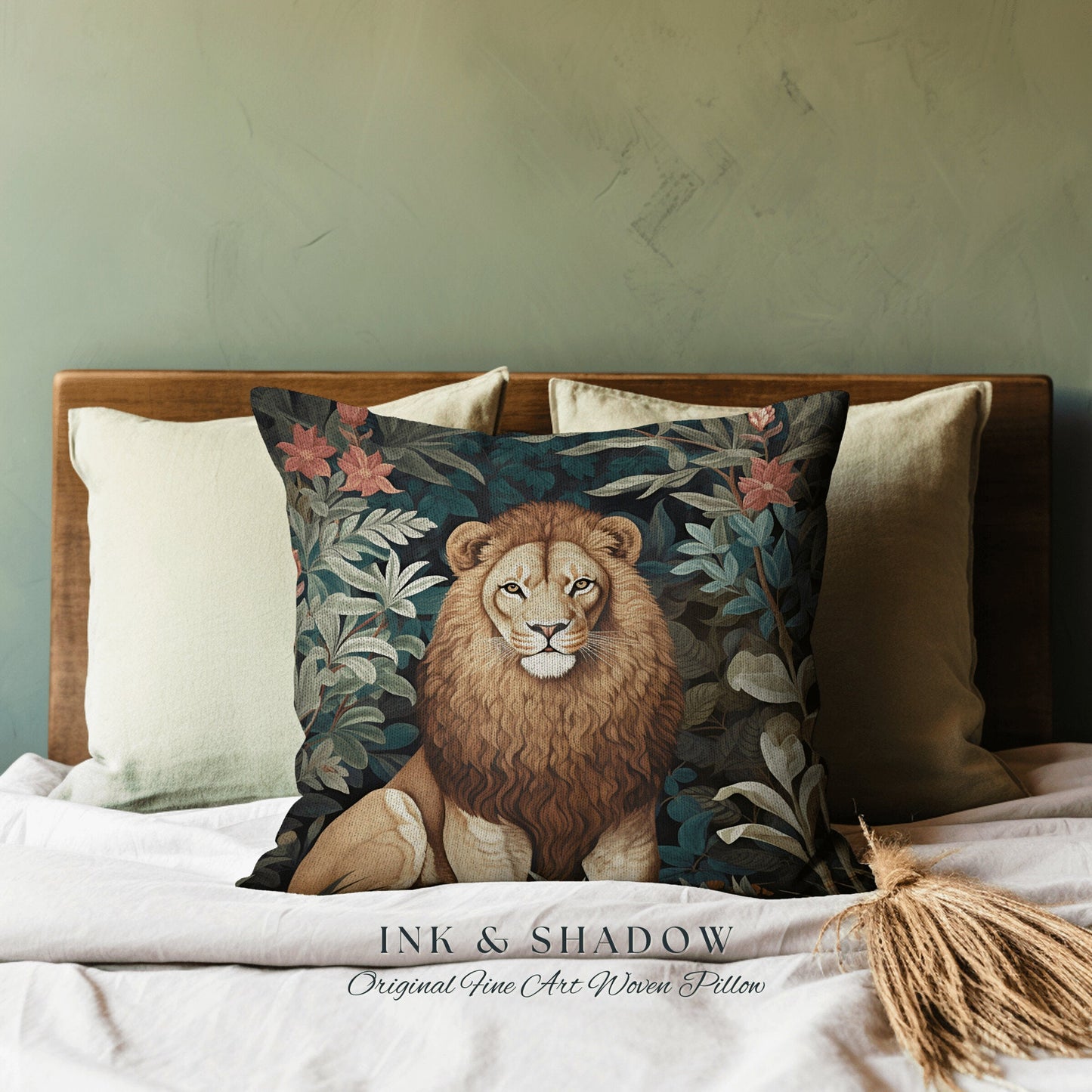 Lion Pillow Dark Botanical Decor | Jungle Aesthetic William Morris Inspired Lion Pillow Aesthetic Medieval Woven Pillow Victorian Gothic |