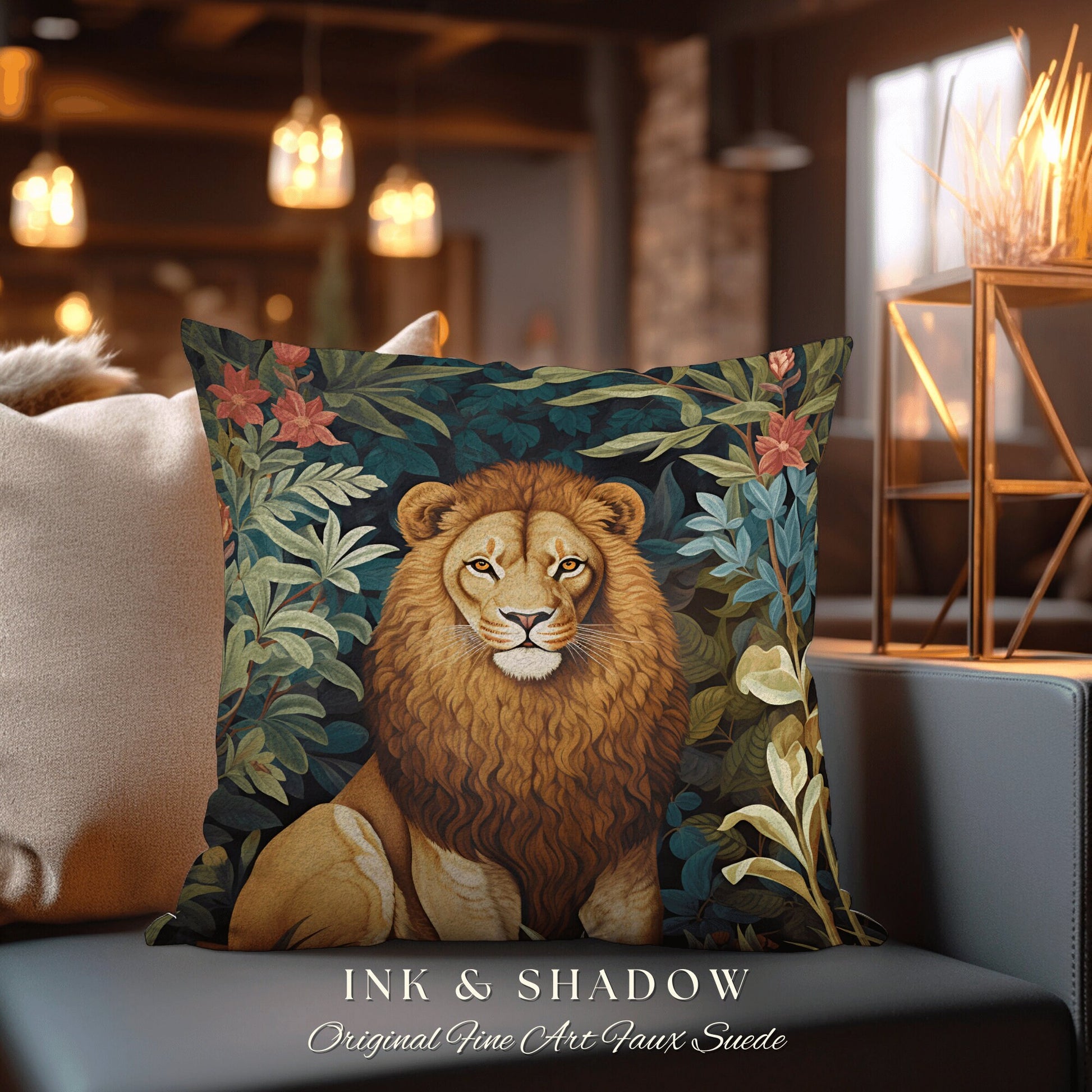 Lion Pillow Dark Botanical Decor | Jungle Aesthetic William Morris Inspired Lion Pillow Aesthetic Medieval Woven Pillow Victorian Gothic |