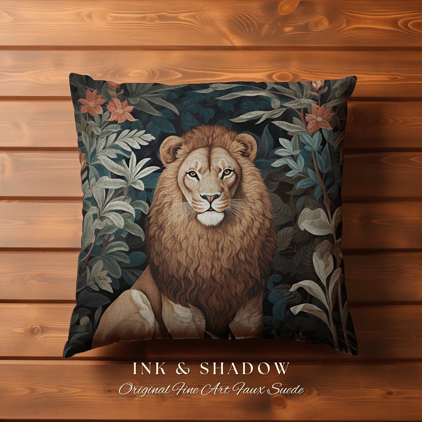 Lion Pillow Dark Botanical Decor | Jungle Aesthetic William Morris Inspired Lion Pillow Aesthetic Medieval Woven Pillow Victorian Gothic |