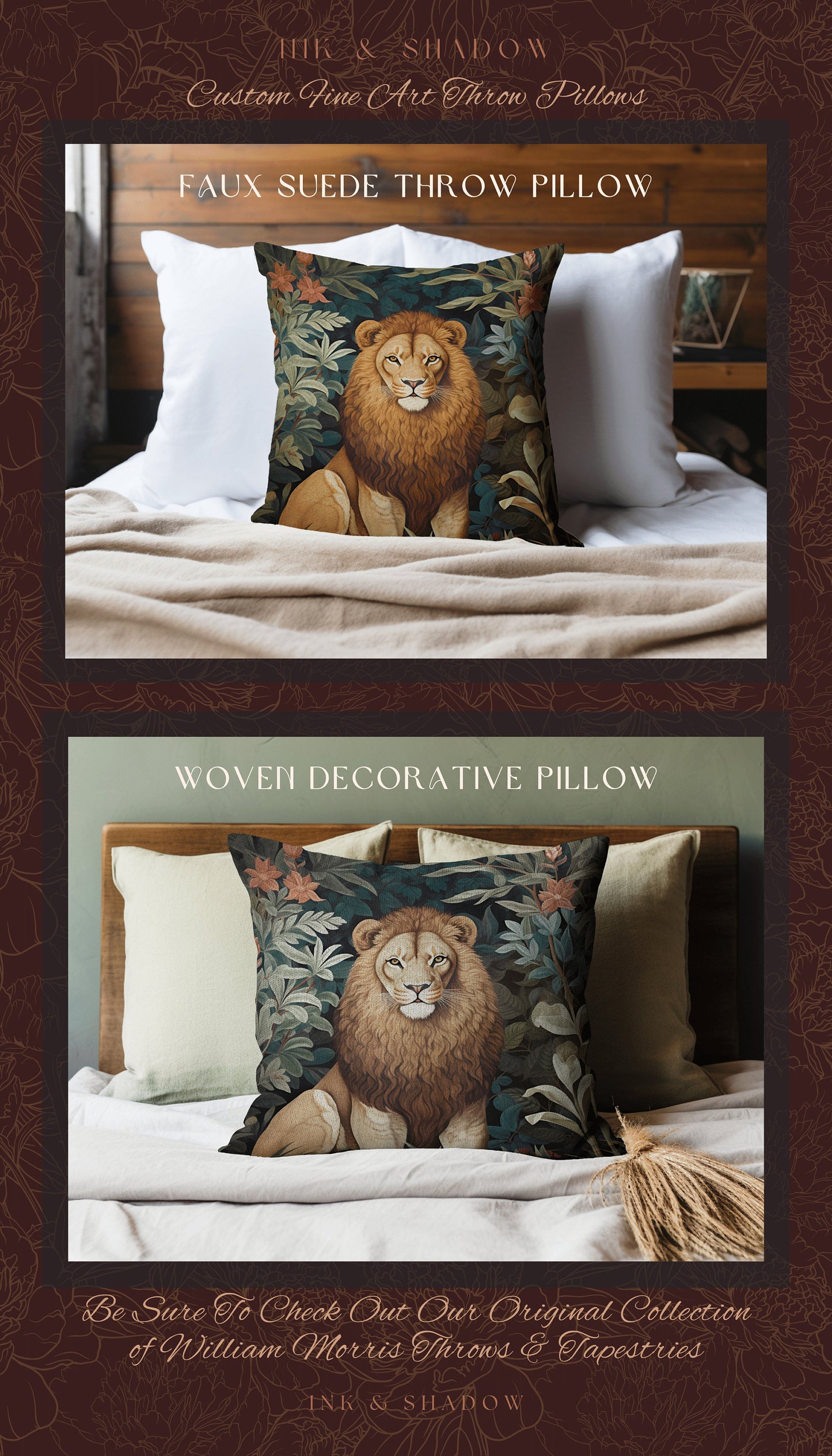 Lion Pillow Dark Botanical Decor | Jungle Aesthetic William Morris Inspired Lion Pillow Aesthetic Medieval Woven Pillow Victorian Gothic |