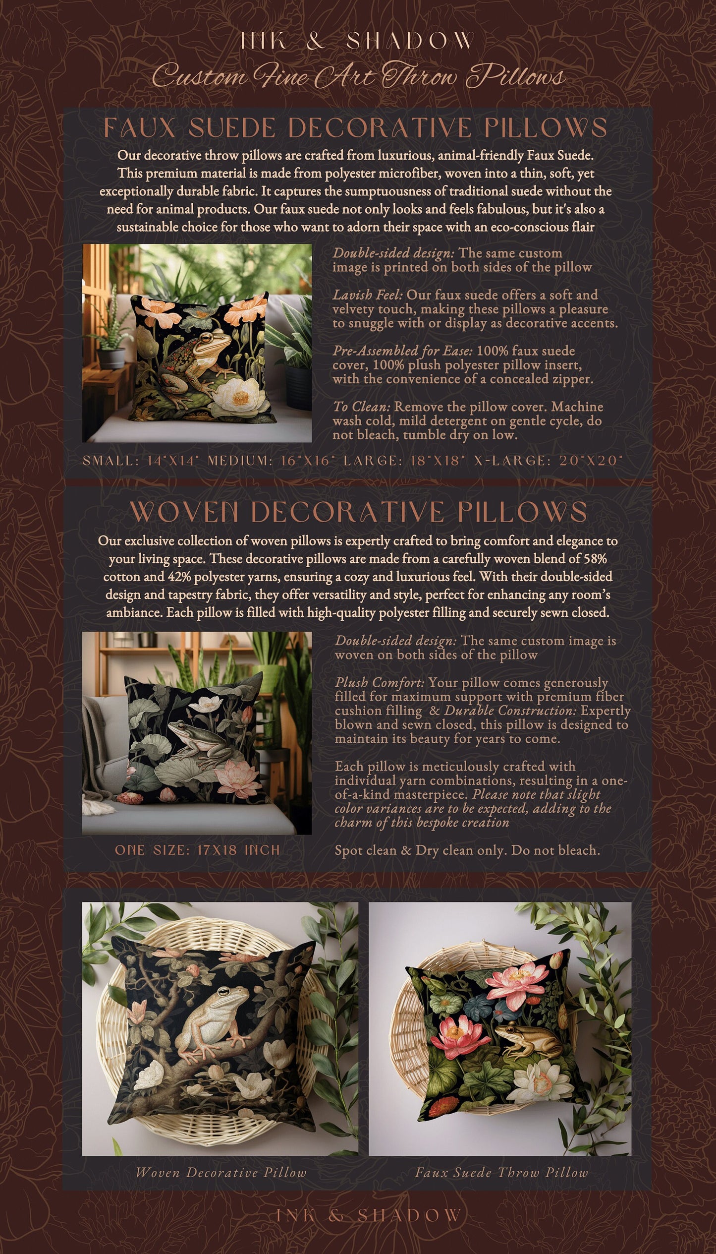 Cottage Core Frog Pillow Woven | Mushroomcore Pillow William Morris Inspired Frog Decor Crowcore Pillow Fairy Aesthetic Pillow Dark Woodland