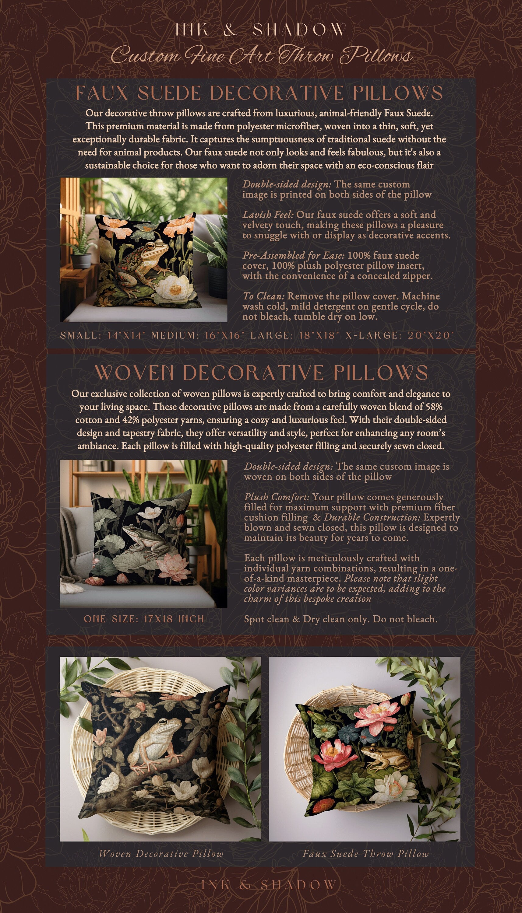 Cottage Core Frog Pillow Woven | Mushroomcore Pillow William Morris Inspired Frog Decor Crowcore Pillow Fairy Aesthetic Pillow Dark Woodland