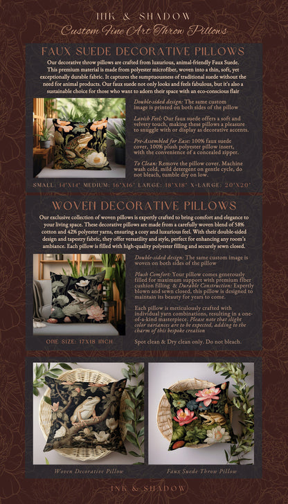Cottage Core Frog Pillow Woven | Mushroomcore Pillow William Morris Inspired Frog Decor Crowcore Pillow Fairy Aesthetic Pillow Dark Woodland