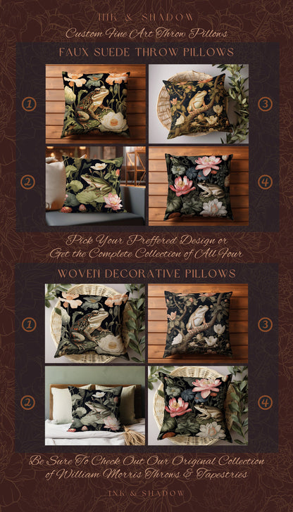 Cottage Core Frog Pillow Woven | Mushroomcore Pillow William Morris Inspired Frog Decor Crowcore Pillow Fairy Aesthetic Pillow Dark Woodland