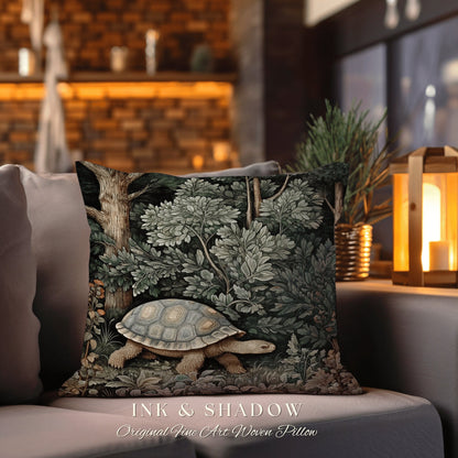 Woodland Gothic Botanical Tortoise Pillow | Whimsical Pillow William Morris Inspired Boho Turtle Pillow Fairy Aesthetic Pillow Cottagecore