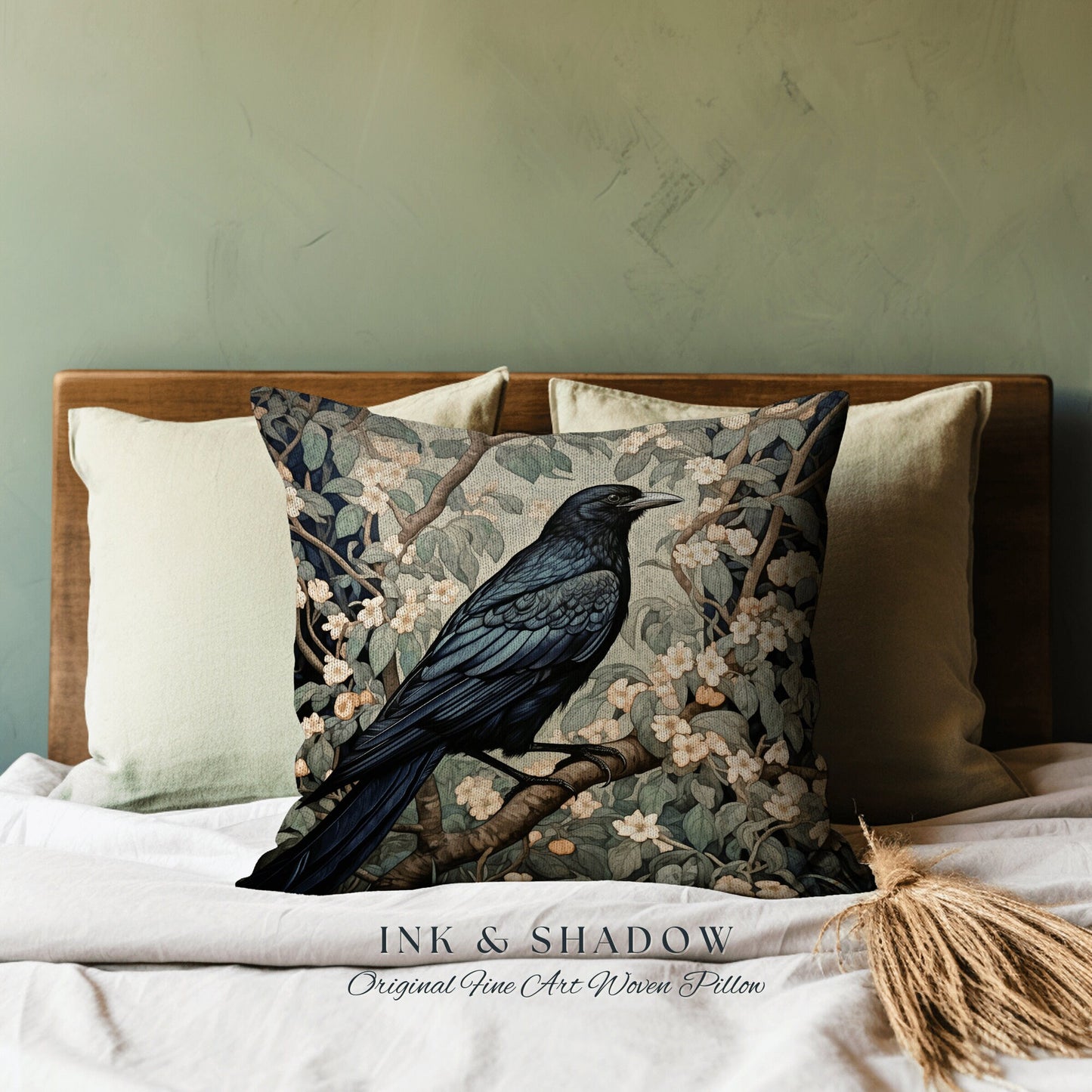 Raven Throw Pillow Woven | Gothic Pillow William Morris Art Pillow Raven Decor Crow Core Pillow Maximalist Rustic Pillow Dark Woodland Boho