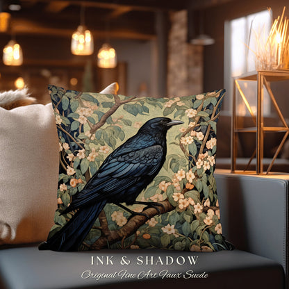 Raven Throw Pillow Woven | Gothic Pillow William Morris Art Pillow Raven Decor Crow Core Pillow Maximalist Rustic Pillow Dark Woodland Boho