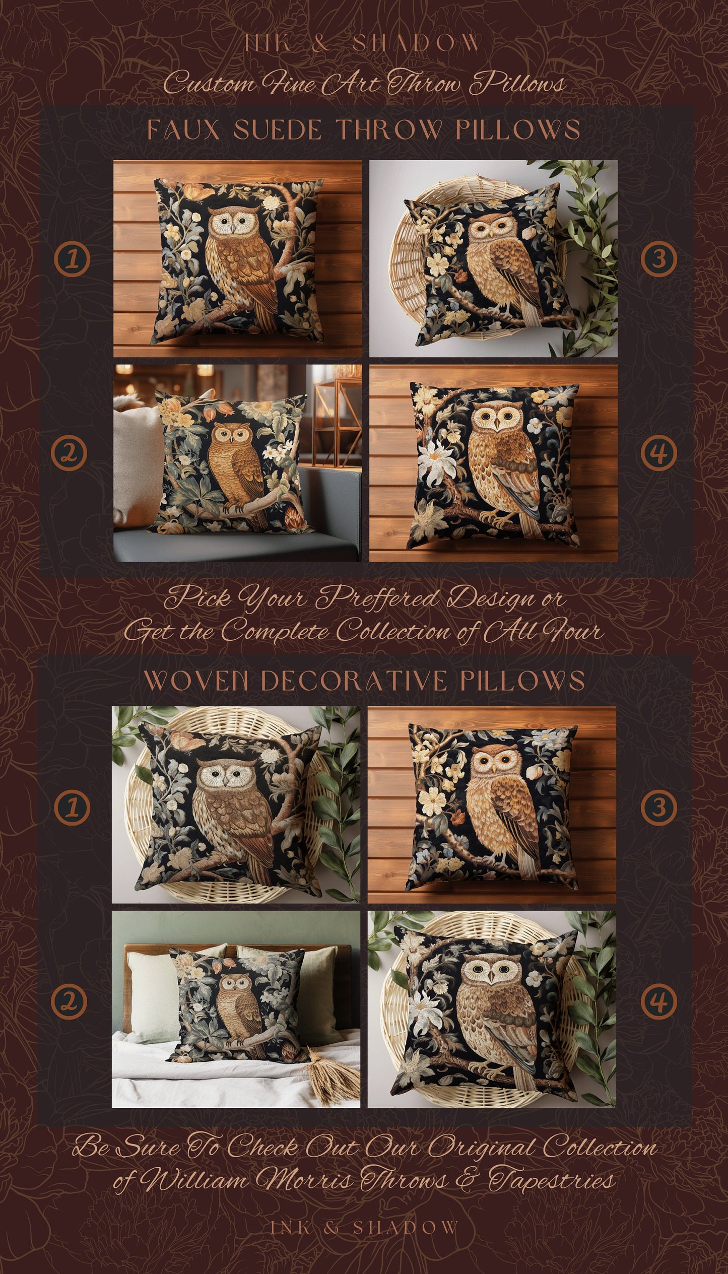 Owl Pillow Eclectic Home Decor | Whimsical William Morris Inspired Boho Aesthetic Botanical Spring Decorating Pillow Woven Victorian Owl |