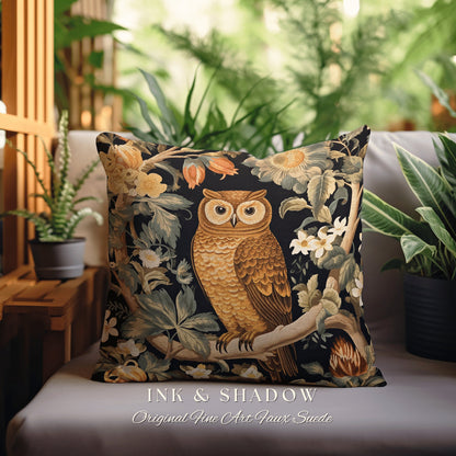 Owl Pillow Eclectic Home Decor | Whimsical William Morris Inspired Boho Aesthetic Botanical Spring Decorating Pillow Woven Victorian Owl |