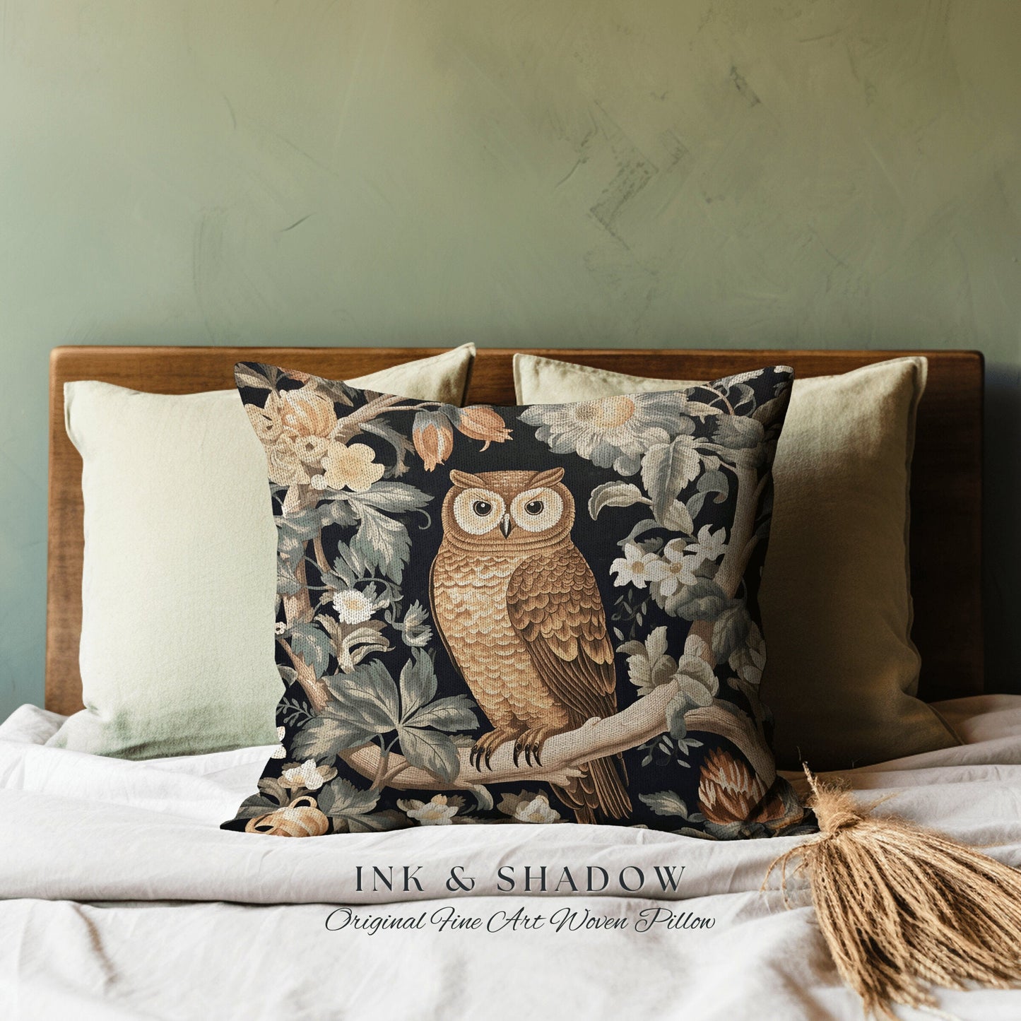 Owl Pillow Eclectic Home Decor | Whimsical William Morris Inspired Boho Aesthetic Botanical Spring Decorating Pillow Woven Victorian Owl |