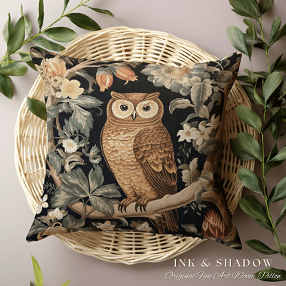 Owl Pillow Eclectic Home Decor | Whimsical William Morris Inspired Boho Aesthetic Botanical Spring Decorating Pillow Woven Victorian Owl |