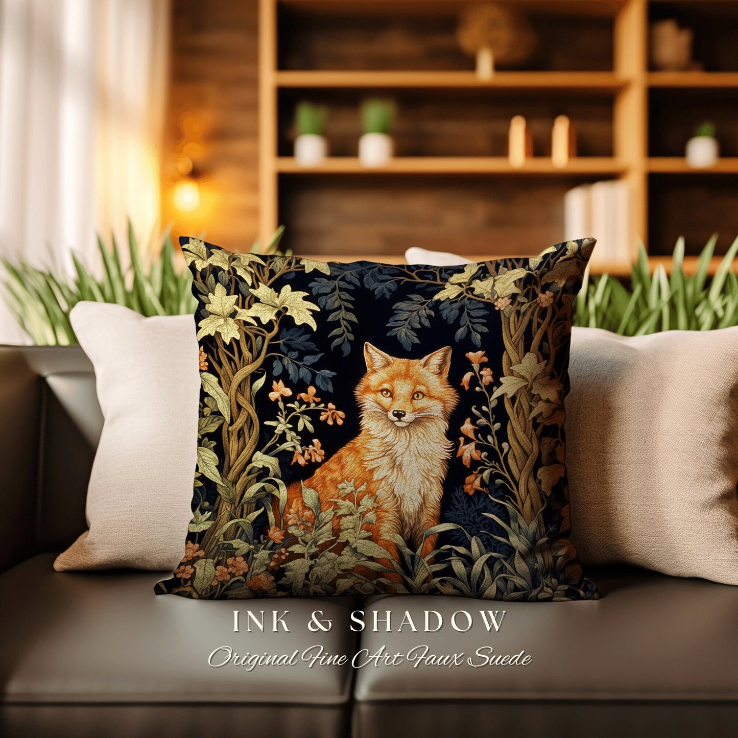 Fairycore Woven Throw Pillow | Dark Academia William Morris Inspired Pillow Aesthetic Medieval Woven Pillow Victorian Gothic Fox Botanical |