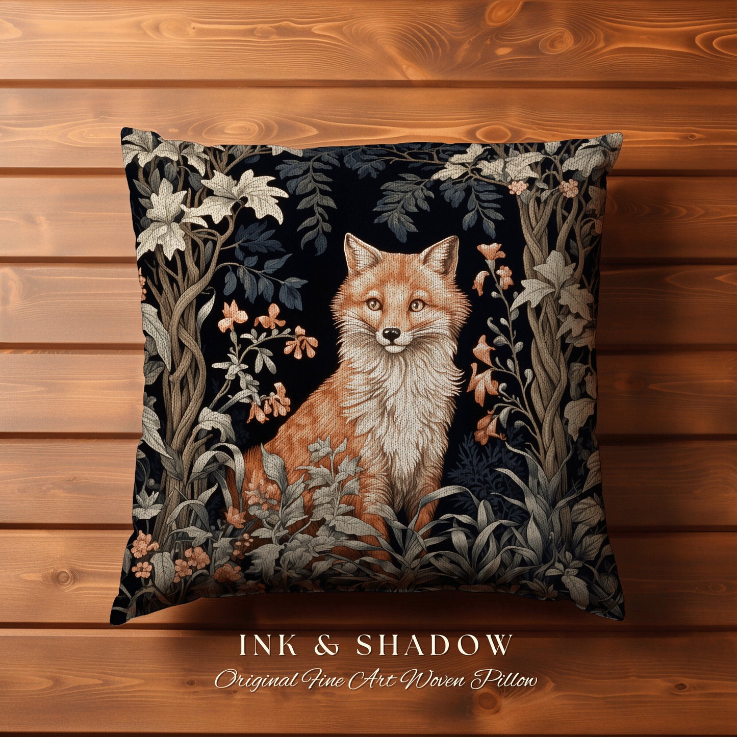 Fairycore Woven Throw Pillow | Dark Academia William Morris Inspired Pillow Aesthetic Medieval Woven Pillow Victorian Gothic Fox Botanical |