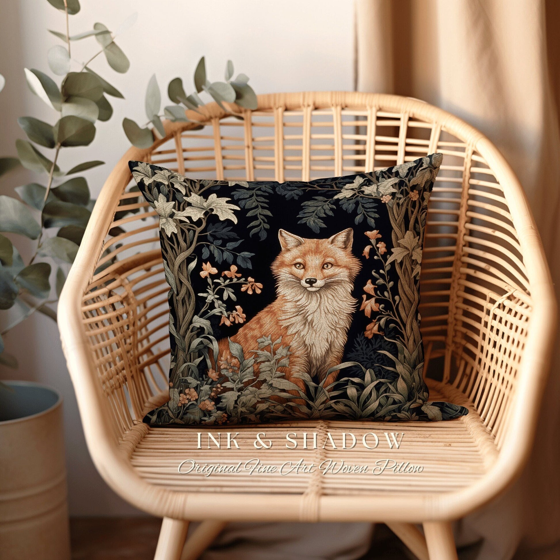 Fairycore Woven Throw Pillow | Dark Academia William Morris Inspired Pillow Aesthetic Medieval Woven Pillow Victorian Gothic Fox Botanical |