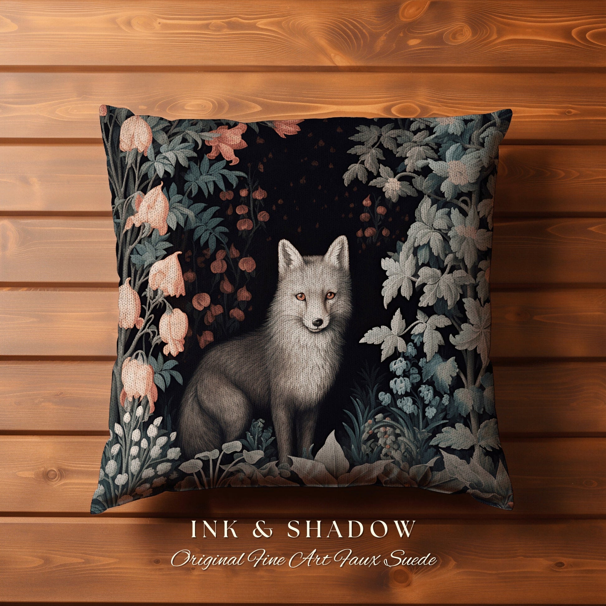 Grey Fox Pillow Woven Floral Decor | Dark Academia William Morris Inspired Pillow Aesthetic Medieval Woven Pillow Victorian Gothic Fox Decor