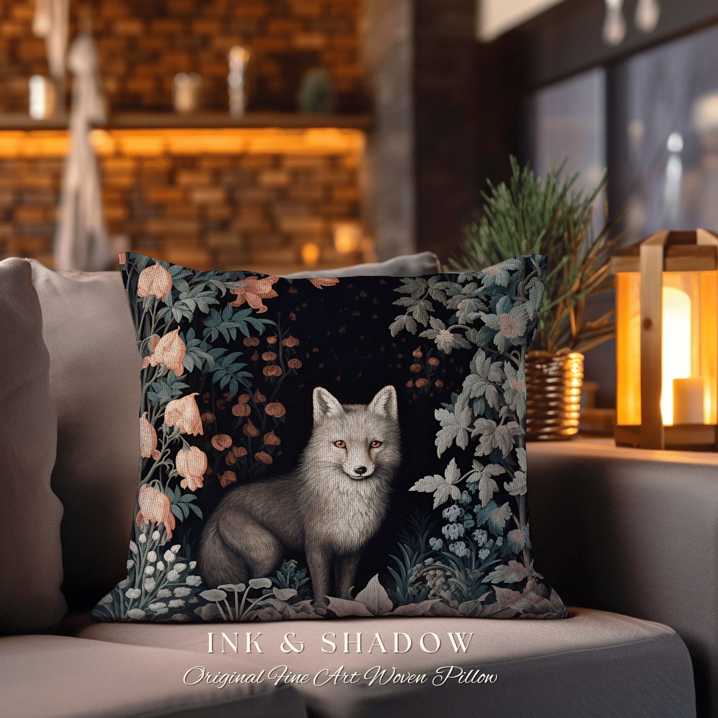 Grey Fox Pillow Woven Floral Decor | Dark Academia William Morris Inspired Pillow Aesthetic Medieval Woven Pillow Victorian Gothic Fox Decor