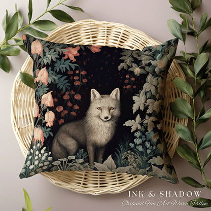 Grey Fox Pillow Woven Floral Decor | Dark Academia William Morris Inspired Pillow Aesthetic Medieval Woven Pillow Victorian Gothic Fox Decor