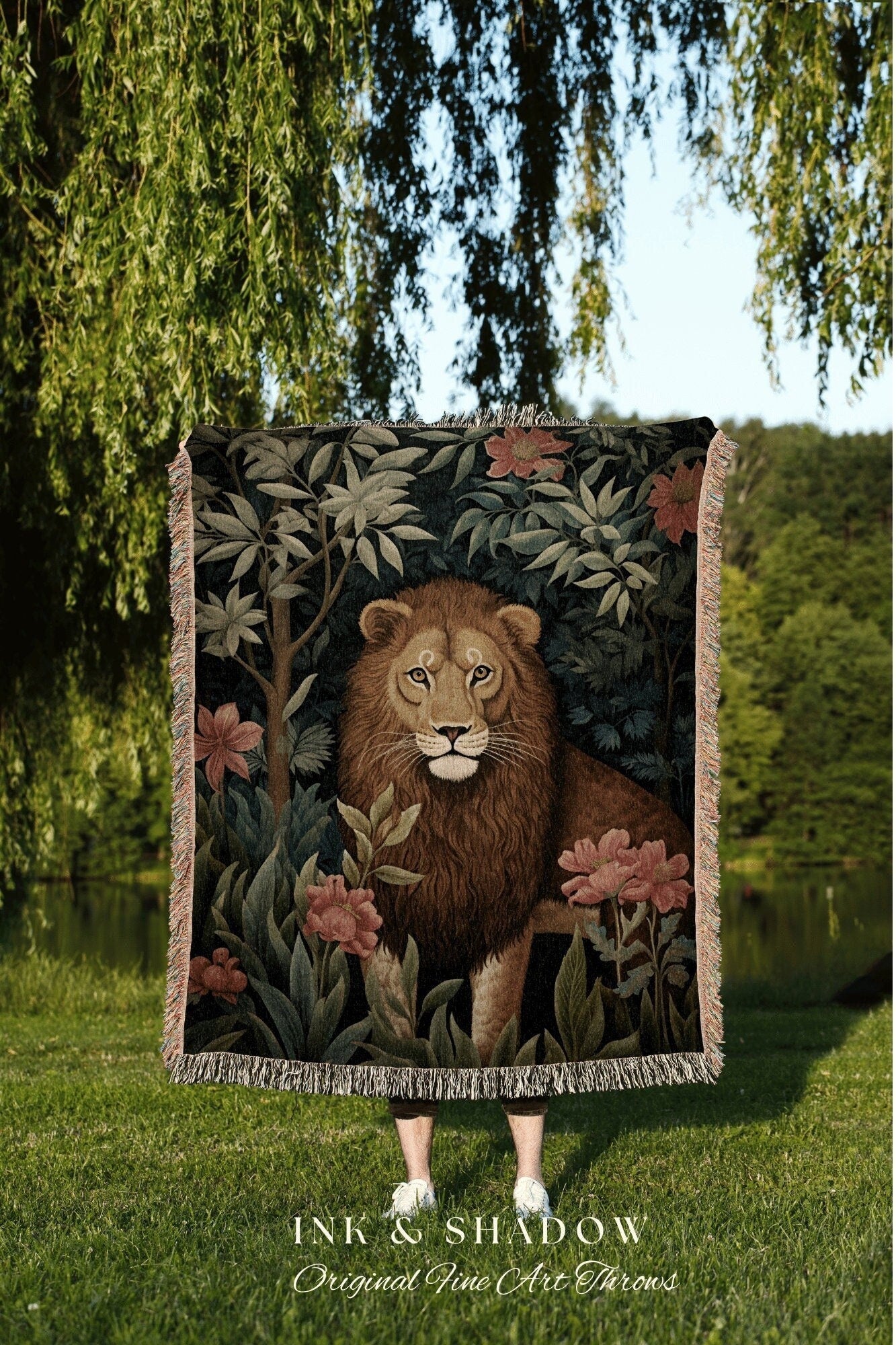 Jungle Lion Enchanted Woodland Gothic Tapestry Blanket Whimsical Floral Cottagecore Forestcore, Dark Botanical Wildflower Art Woven Blanket