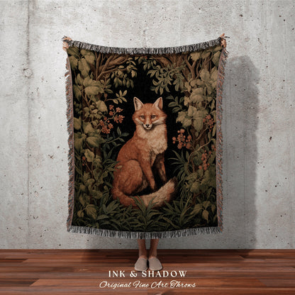 Botanical Gothic Fox Tapestry | Woodland Folk Art Blanket Woven Tapestry William Morris Style Woodland Goth Decor Dark Cottagecore Fox Decor