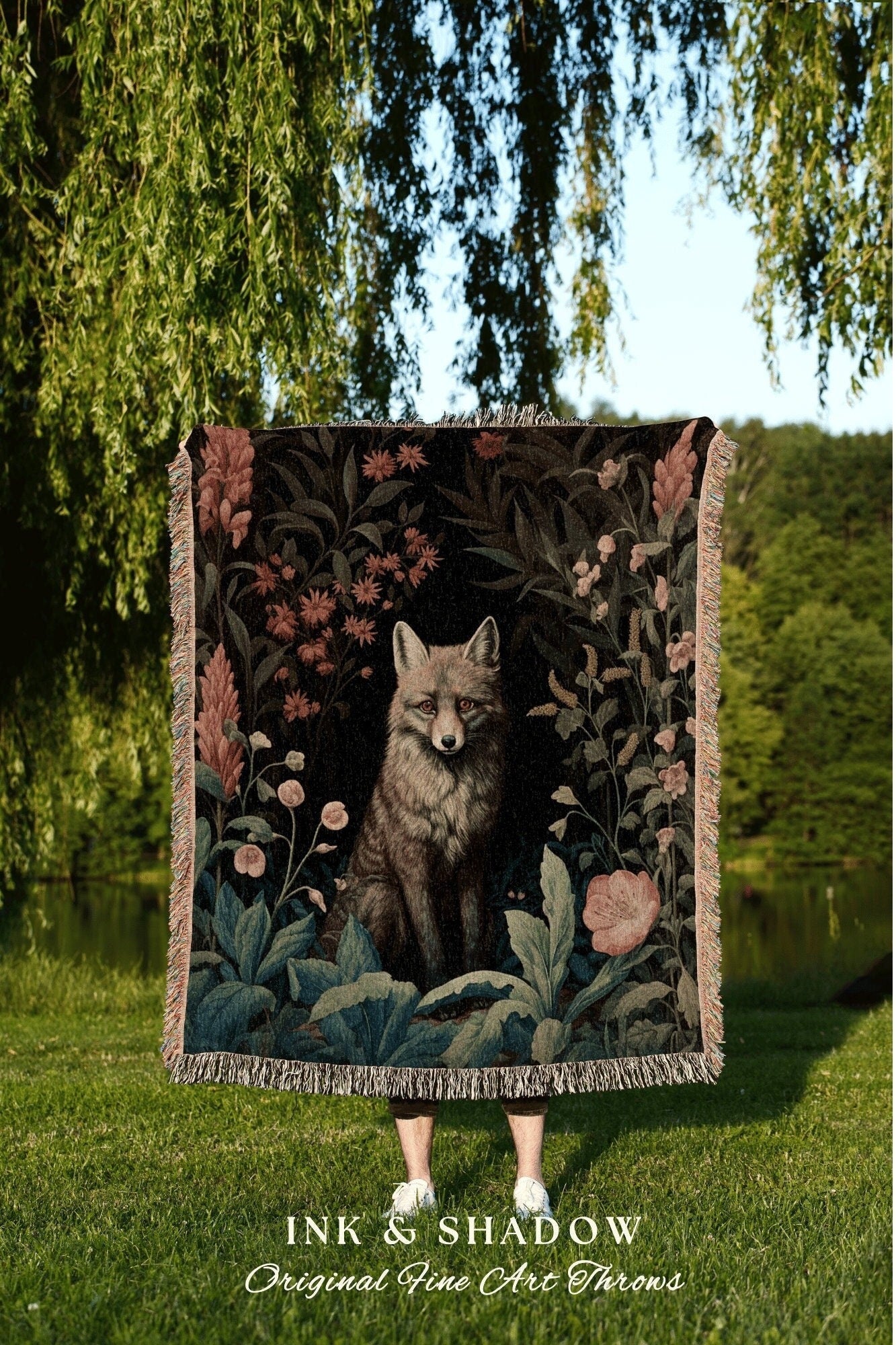 Moody Floral Fox Blanket Woven | Woodland Folk Art Blanket Woven Tapestry William Morris Style Woodland Gothic Decor Dark Cottagecore Fox |