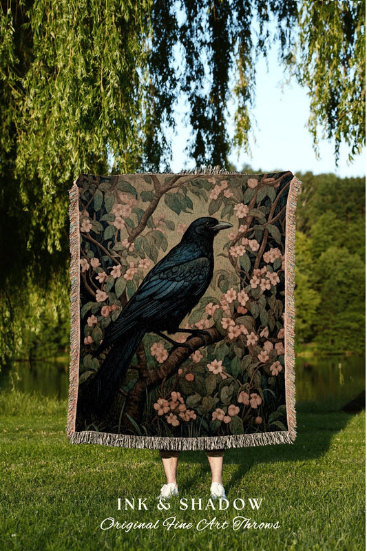 Dark Botanical Tapestry Blanket | Woven Throw Blanket Crow William Morris Decor Witchy Decor Bedroom Landscape Tapestry Dark Cottagecore |