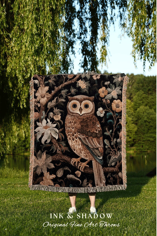 Mystical Owl Tapestry Woven Throw | Woven Fringe Blanket Witchy Bookish Decor Cottagecore Aesthetic Room Decor Magical Owl Tapestry Crowcore